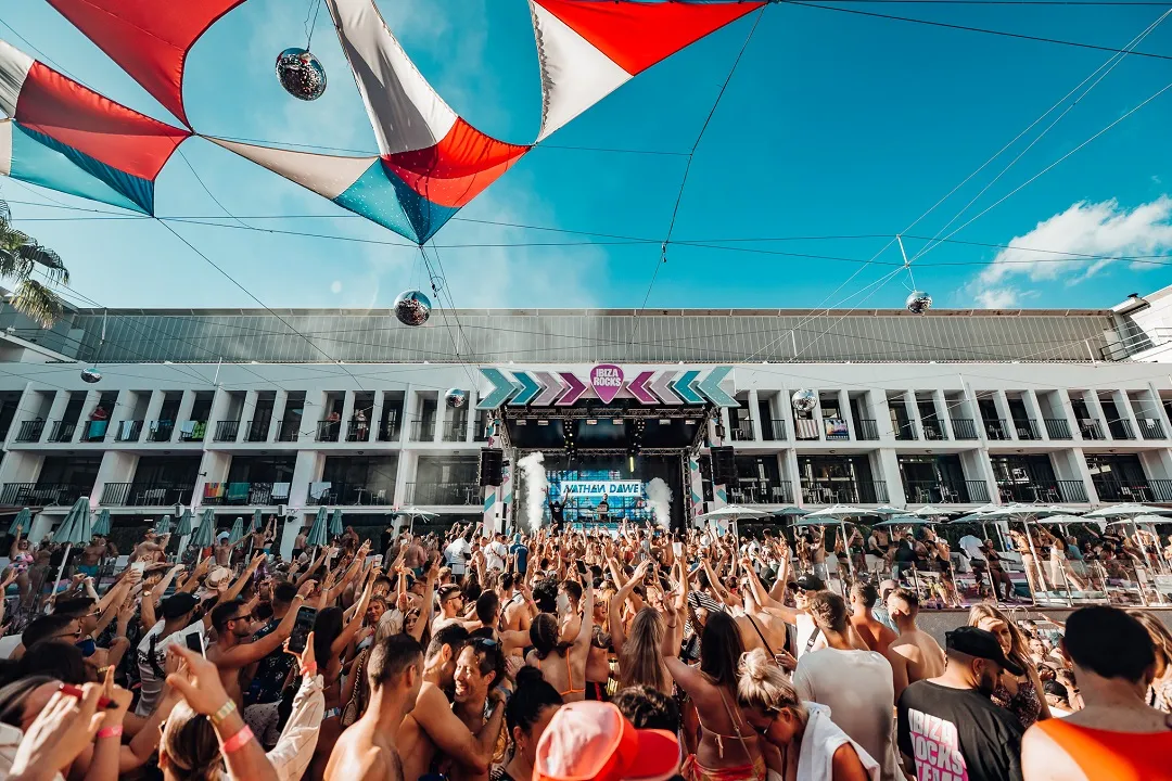View of stage from dancefloor Nathan Dawe Ibiza Rocks Opening Party 2022