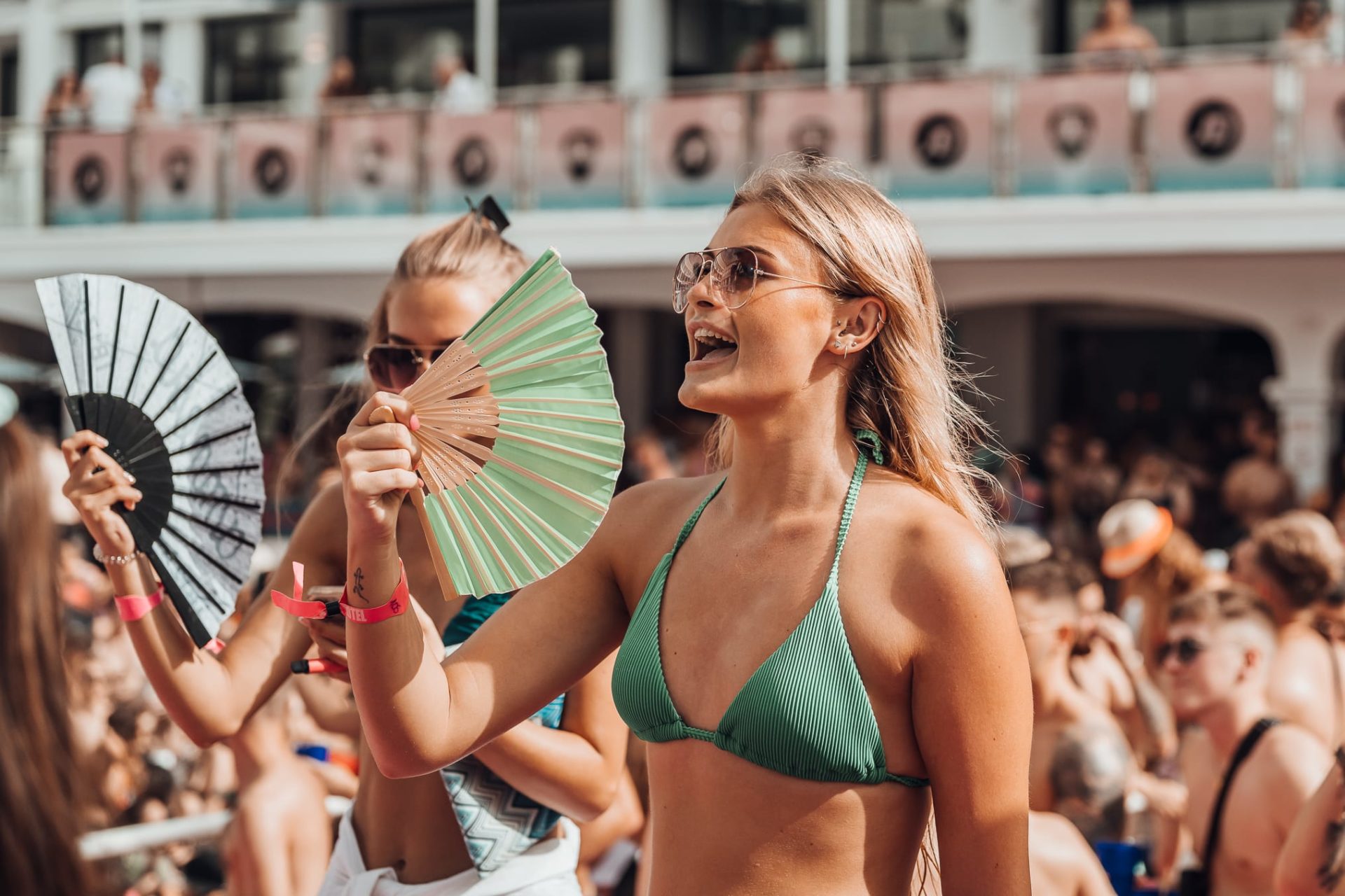 Ibiza Anthems Pool Party Girl on Dancefloor with Fan