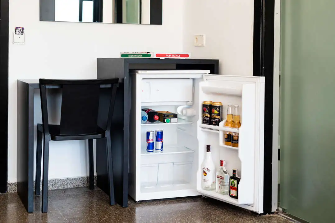 room fridge with drinks