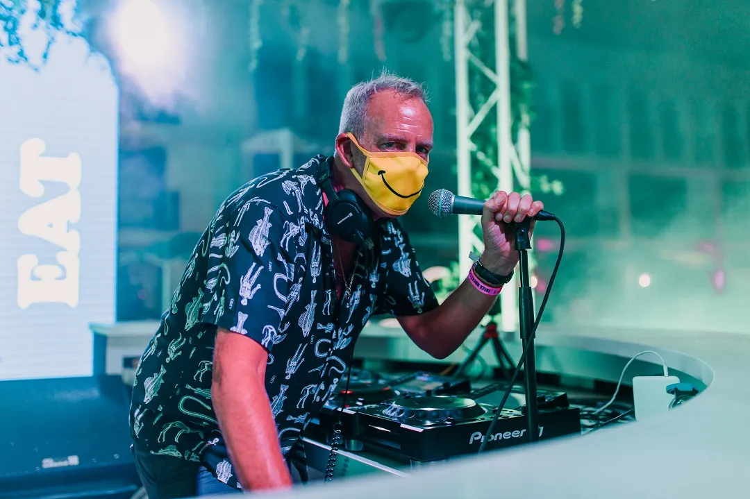 Fatboy Slim on stage at Ibiza Rocks pool party 2020