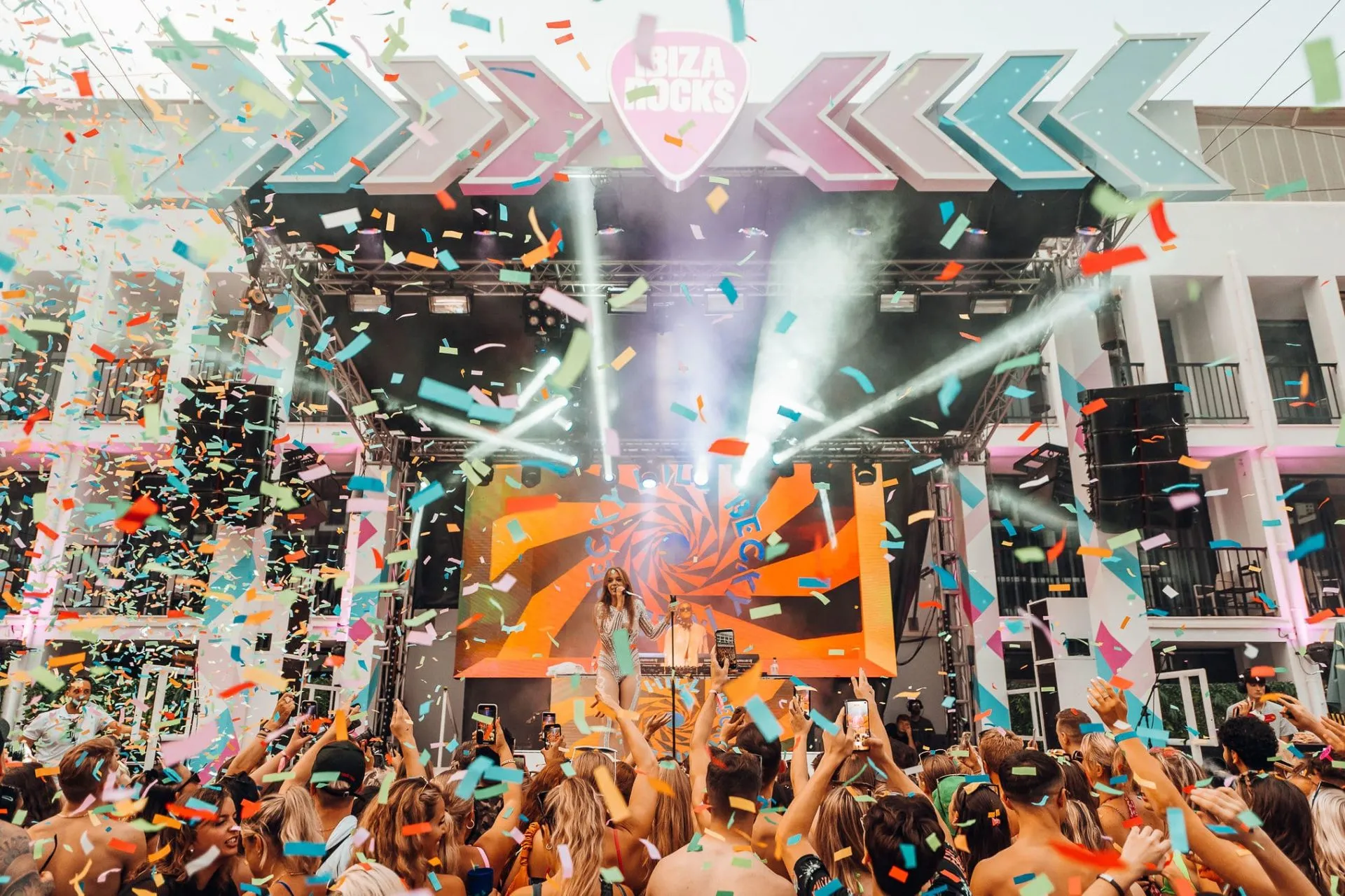 Becky Hill confetti moment Ibiza Rocks Pool Party
